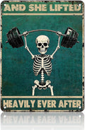 Skeleton Vintage And She Lifted Heavily Ever After Metal Tin Sign 12x16 Inch Gym Metal Poster Funny Skull Gym Tin Sign Home Kitchen Garden Bar Coffee Restaurant Bathroom Are Wall Decor