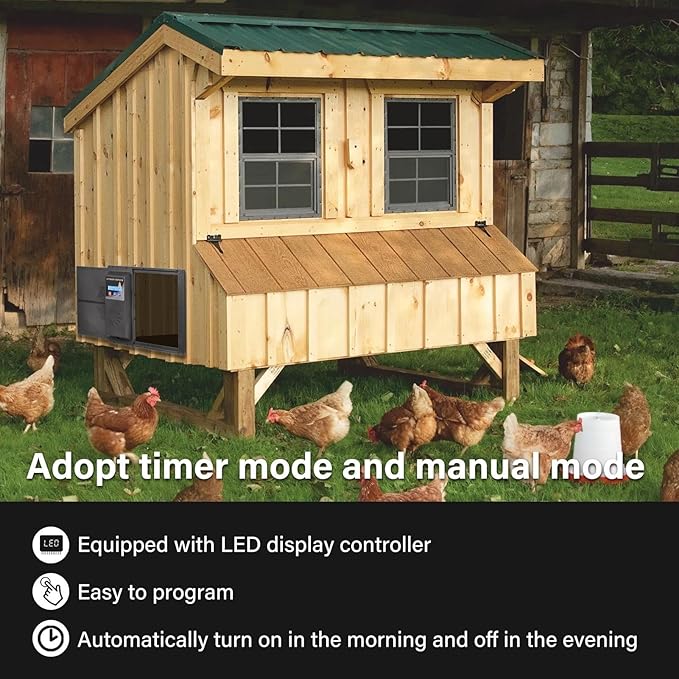 Large Automatic Chicken Coop Door, Side Opening Poultry Entry with Timer Control, Anti-Pinch Safety, Battery or USB Power, LCD Screen, Quick Install for Backyard Chicken House