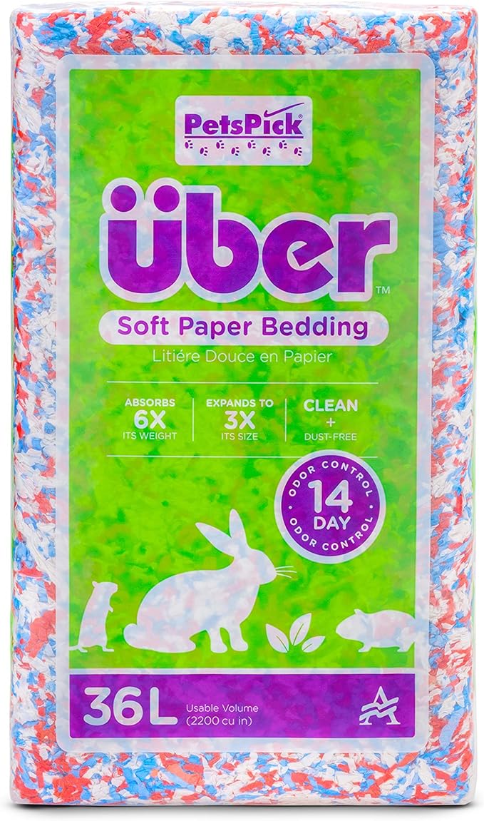 PETSPICK Uber Soft Paper Pet Bedding for Small Animals, Red White & Blue Confetti, 36L