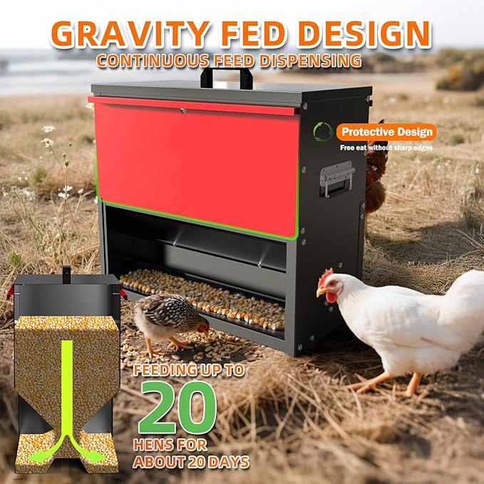 100lb Capacity Chicken Feeder, Metal Poultry Feeder, No Waste Waterproof Chicken Feeder, Suitable for Geese, Ducks, Turkeys, Quails