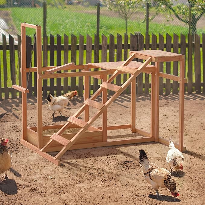 Chicken Activity Play Perches for Poultry Run, Swing Stand, Wood Chicken Toy for 3-4 Birds, Wooden Chicken Coops Accessory with Multiple Perches & Ladder & Feeder (34.5" L x 27.5" W x 31.5" H)