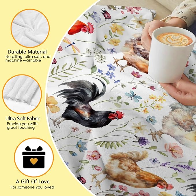 Floral Chickens Throw | Rooster Chicken Home Decor Flannel Blanket for Couch/Travel/Camping | 50''x60'' for Teens