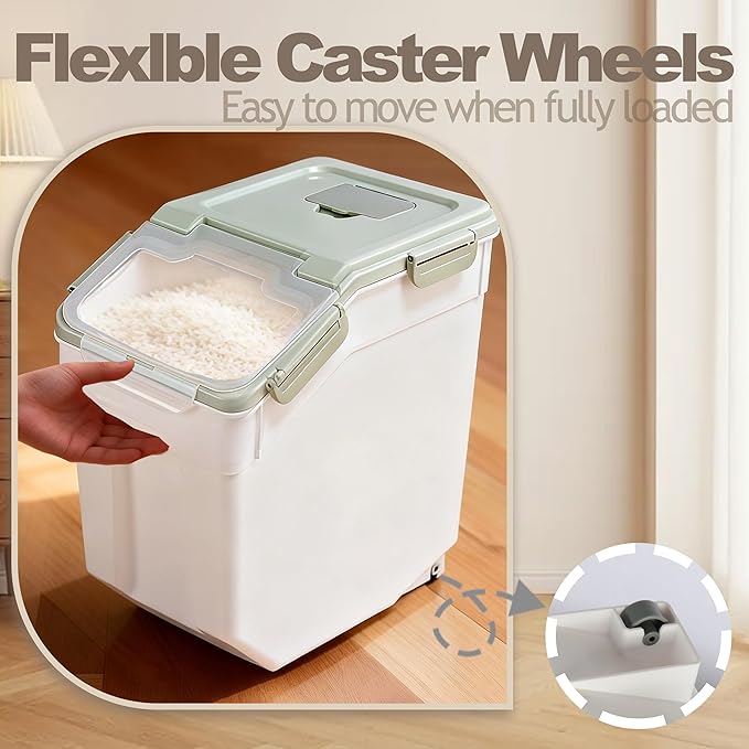 RUIAN Large Airtight Storage Container,25lb Flour Rice Storage Containers Bin with Wheels Seal Locking Lid, with Measuring Cup&Scoop for Flour, Rice, Grain100LBS Total(Green, 4PCS)