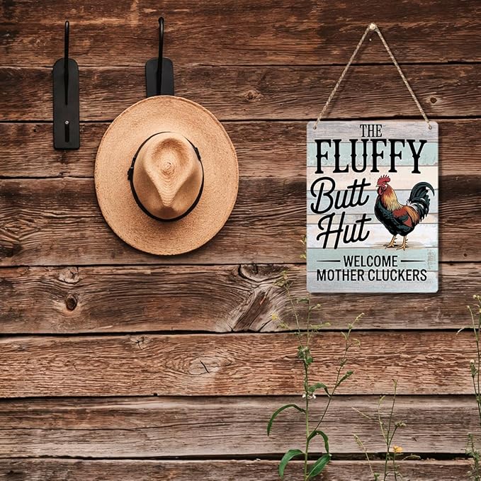 Chicken Gifts Sign Fluffy Butt Hut Welcome Mother Cluckers Sign Funny Chicken Coop Sign Rustic Style Decor for Home Farm Chicken-Coop Kitchen Country Decor 8x10 Inch