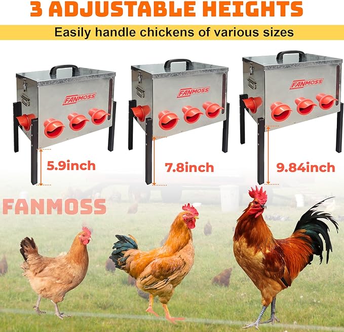 60lb Automatic Chicken Feeder, 8 Ports No Waste Chicken Feeder with Viewing Window, Locking Lid, Adjustable Legs & Waterproof Silo, Large Metal Poultry Feeder for Hens, Ducks, Geese, Poultry