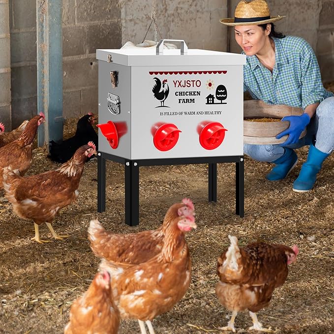 40LB Automatic Chicken Feeder with 6 Ports, Heavy Duty Metal No-Waste Poultry Feeder, Rustproof & Weatherproof Chicken Feeder with Adjustable Legs & Locking Lid