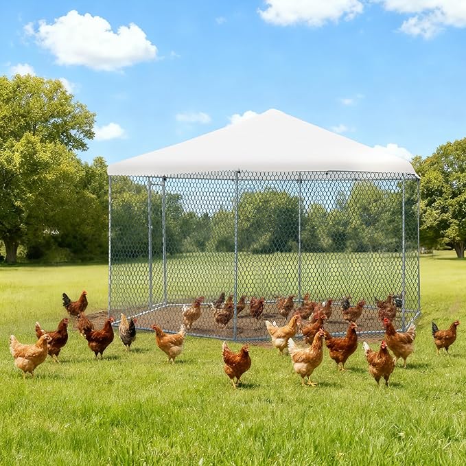 Outvita Large Metal Chicken Coop, Hexagon Walk in Chicken Run for Yard with Waterproof Cover, 13 x 11.4 x 8.6FT, Heavy Duty Steel Frame, Large Poultry Cage for Dog Kennel, Duck Coop and Hen House