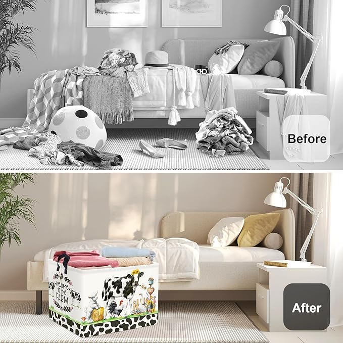 Farm Animals Storage Basket Collapsible Clothes Baby Nursery Hamper Large Book Shelf Basket Boy Girl Toy Box Bin for Kid Room, Cow, 36L