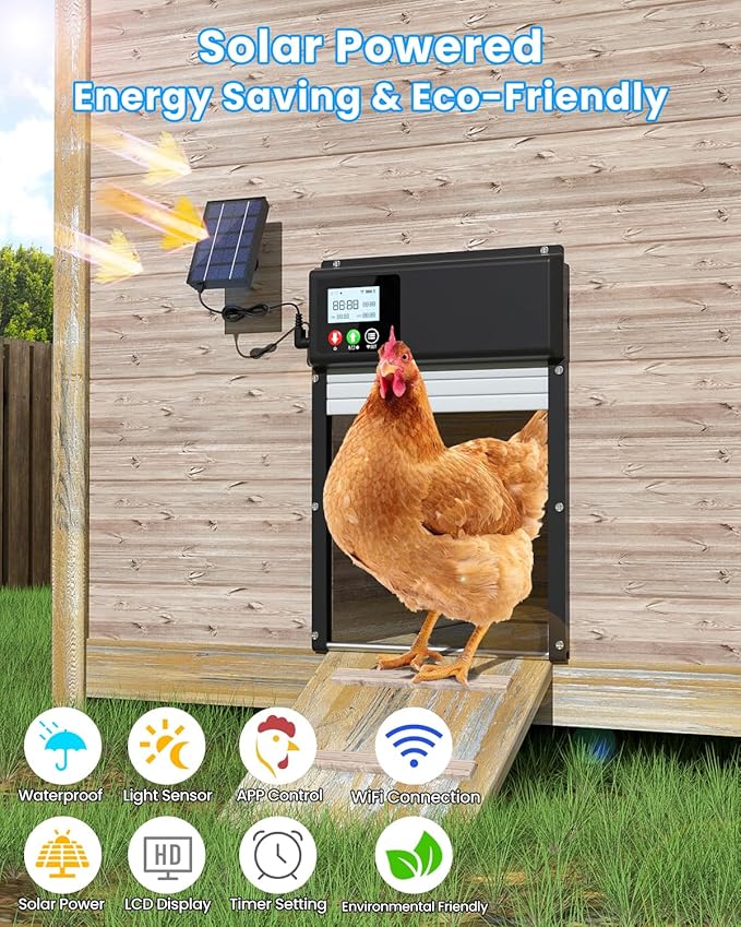 Automatic Chicken Coop Door Solar Powered, WiFi Automatic Chicken Door APP Control, Solar Chicken Coop Door Timer & Light Sensor, Auto Chicken Coop Door Opener LCD Display Aluminum Anti-Pinch Design