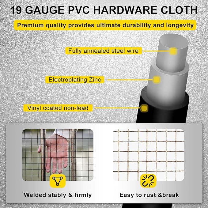 Black Hardware Cloth 16'' x 10' PVC Steel Vinyl Coated 1/4 inch Galvanized Wire Mesh Roll (23 GA) Chicken Wire Fence Roll, for coop Fences,Screen mesh, Rabbit/Snake Fences, Poultry enclosures, etc.