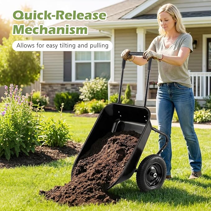 IRONMAX Dual-Wheel Wheelbarrow, Heavy Duty Wheel Barrel with All-Terrain Wheels, 330 LBS Utility Yard Cart with Built-in Stand, Outdoor Gardening Carts for Lawn, Farm, Planting (Black)