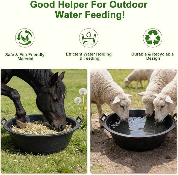 4Pcs Large Rubber and Plastic Feed Pan with Handle, 8.6 Gallon/ 34 Quart Plastic Feed Pan Utility Horse Feed Bucket for Cats Dogs Goats Chicken Dust Bath Container Animal Feeding Watering Bowl