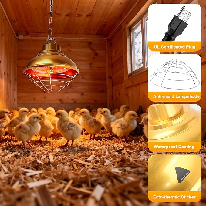 Chicken Heat Lamp,350W Chicken Coop Heater with Carbon Fiber Bulb, Two-Temperature Adjustable and 5.2FT Thickened Power Cord,Winter Hanging Heat Lamp for Chicks,Pets and Poultry