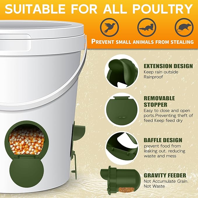 Chicken Feeder Port 12 Pack Poultry No Waste Port Kit with Stopper Lid, 1 Hole Saw, DIY Automatic Reusable Coop Feeder, Rain Proof Gravity Feeding Geese Duck Hens Rooster for Bucket Barrel Bin (Green)