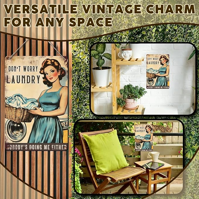 PEACHGARDEN Funny Laundry Room Decor - Vintage Metal Sign for Wall Decor - 8x12 Tin Sign for Bathroom, Mudroom, & Drying Zone - Witty Home Decor Gift for Women & Moms