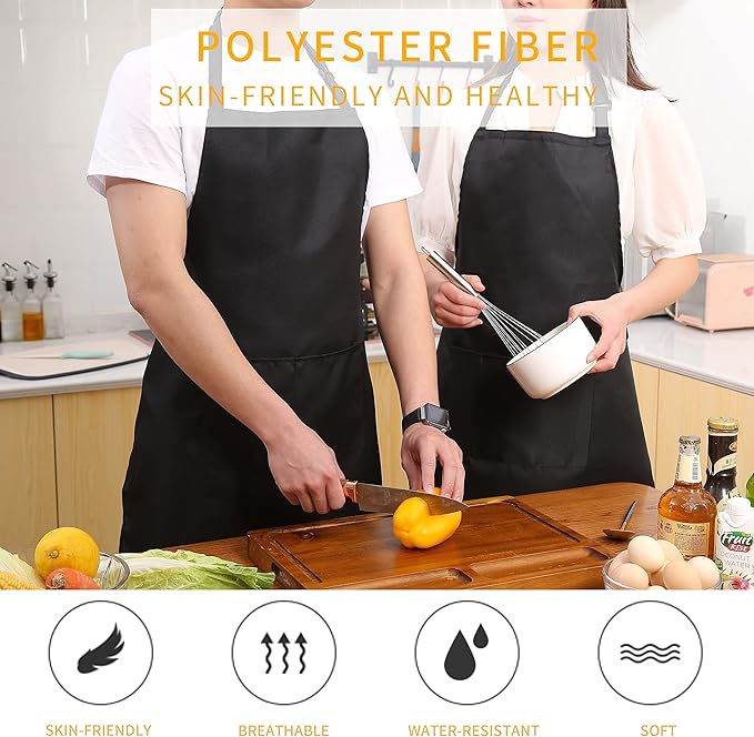 Tosewever 2 Pack Adjustable Bib Apron, Waterdrop Resistant Aprons with 2 Pockets Cooking Kitchen Restaurant Aprons for Women Men Chef, BBQ Drawing Crafting Outdoors (Polyester-Black, 2)