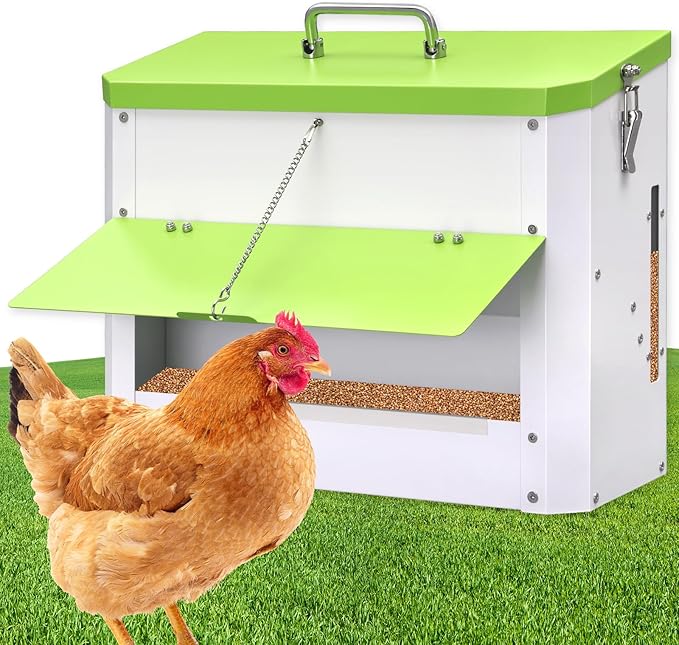 25lb Automatic Chicken Feeders Metal Poultry Feeders Wall Mount No Waste, with Secure Locking Lid, No Assembly Required, Lid Hanging Chicken Feeder Trough for Quail Chickens Ducks Feeder