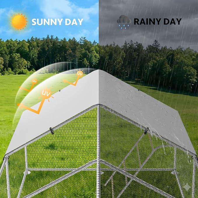 Large Metal Chicken Coop with Perch, Chicken Run Pen Walk-in Poultry Cage,Waterproof & Anti-Ultraviolet Cover for Outdoor Farm,Spire Roof(32.8" W x 9.8" L x 6.4" H)