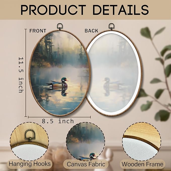 Yorhifa Vintage Duck Hunting Framed Wall Art, Farmhouse Misty Lake Landscape Oval Wall Art, Nature Duck Hunting Oval Walls Decor, Cabin Canvas Artwork Hanging Decor, 8.5x11.5in
