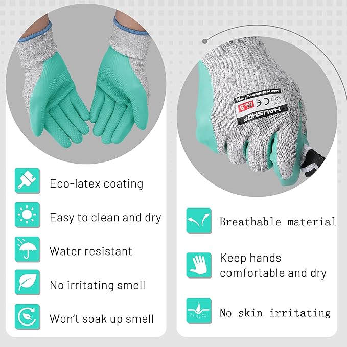 HAUSHOF Cut Resistant Work Gloves Level 5 Protection with Latex Coating, 3-Pairs Cutting Proof Working Gloves Breathable for Men and Women Kitchen, Gardening Work, Medium Size