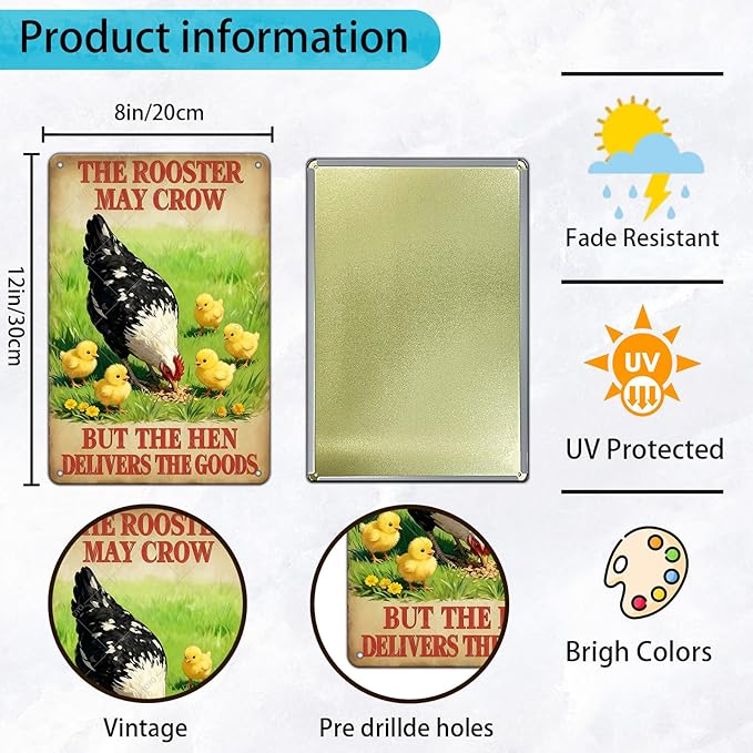 Funny Rooster Decor The Rooster May Crow But The Hen Delivers The Goods Rustic Tin Sign For Home Farm Chicken Coop Decor 12x8 Inch