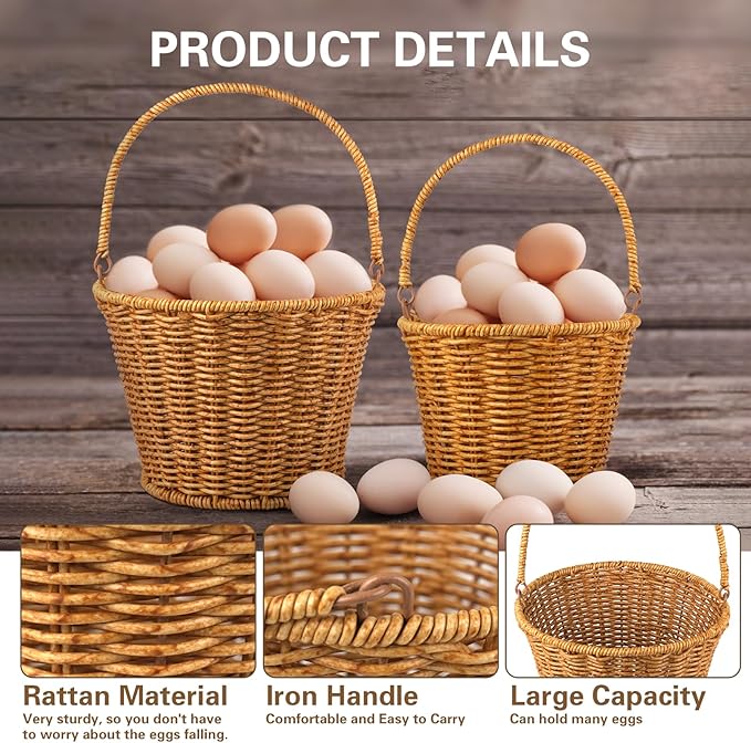 Farmhouse Rattan Egg Baskets for Gathering Fresh Eggs with Handle, 2 Pcs Handmade Egg Collecting Basket Vintage Style Fresh Egg Holder Countertop for Kitchen Storage Container Holder