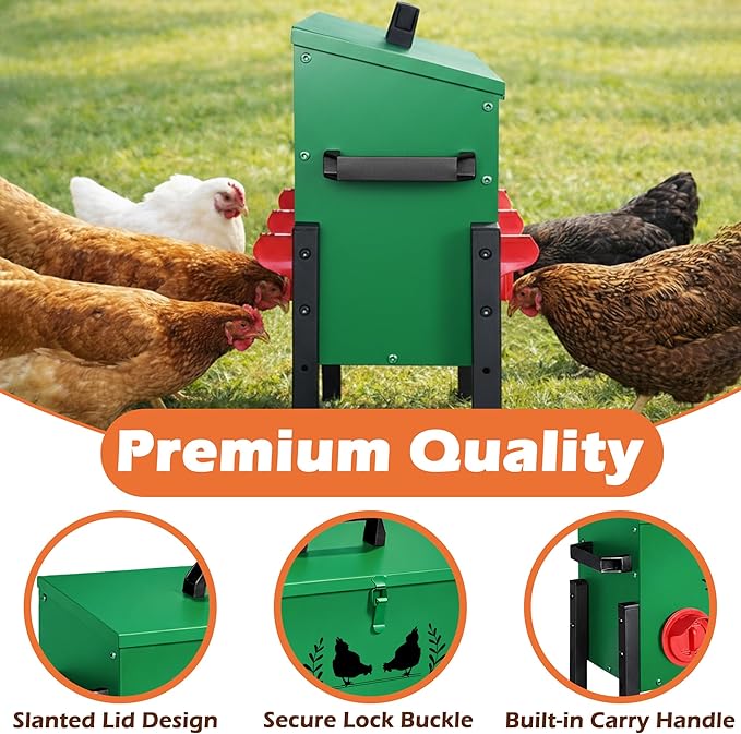Large Capacity Automatic Chicken Feeder, 6 Port Chicken Feeder, 28LB Metal Chicken Feeders with Locking Lid & Adjustable Legs, No Waste Chicken Feeder, Green