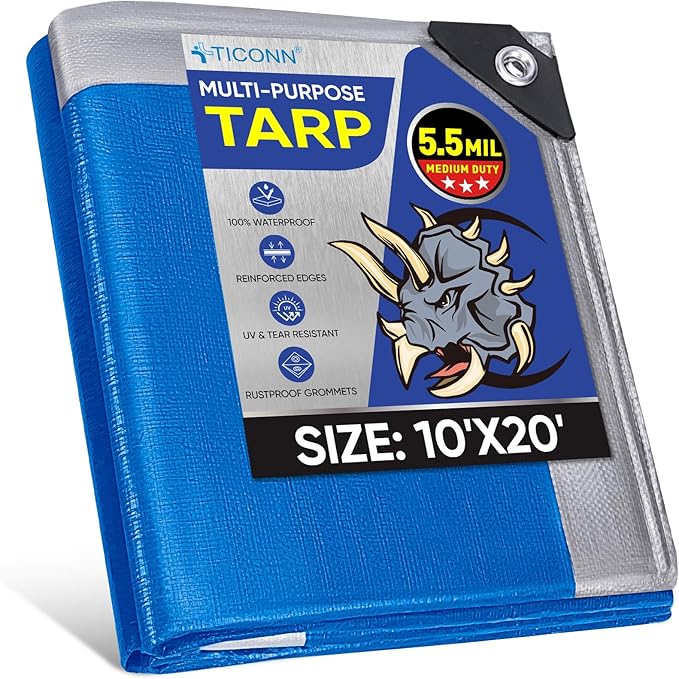 TICONN Heavy Duty Tarp Cover, Extra Thick Tarps Waterproof Tear and Rip Proof UV Resistant Tarpaulin with Reinforced Grommets and Edges (5.5 Mil, 10'×20')