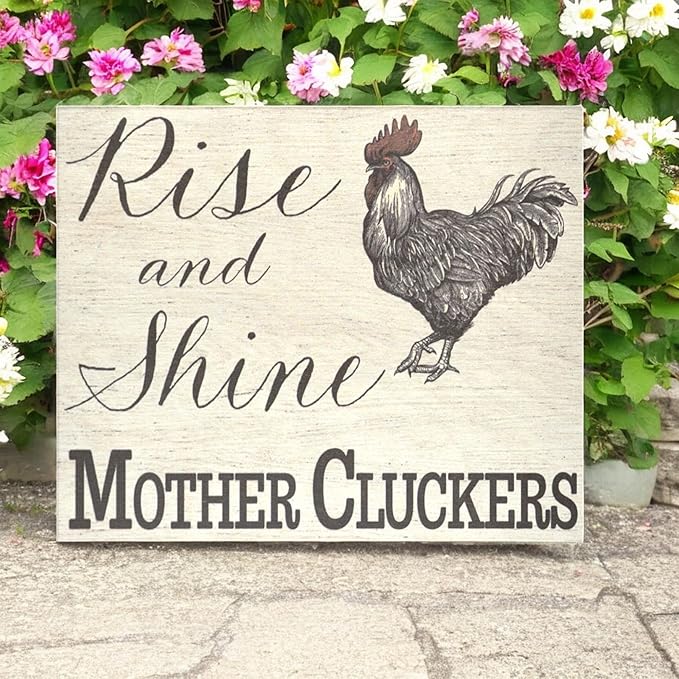 JennyGems Rise and Shine Mother Cluckers Wood Sign - Funny Farmhouse Chicken Decor, Made in USA