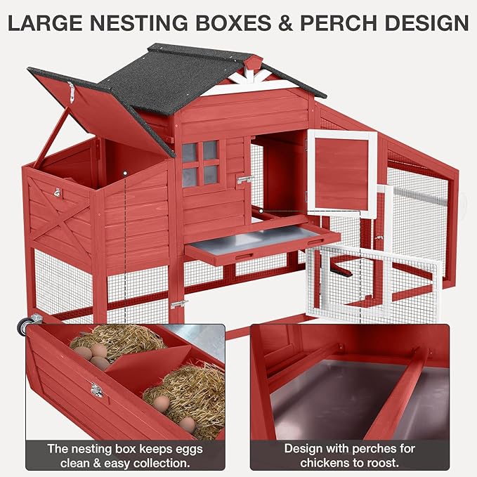 Chicken Coop with Wheels Wooden Outdoor Chicken House Easy Cleaning with Nesting Box, Deeper Leakproof Pull-Out Tray and UV Proof Panel Roof - Reinforced Version - Red
