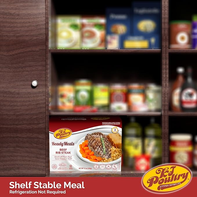 KJ Poultry Kosher Ready Meals - Beef Rib Steak & Kugel, MRE Meat Meals Ready to Eat, Shabbat Food (6 Pack) Prepared Entree Fully Cooked, Shelf Stable Microwave Dinner Travel Military Camping Survival