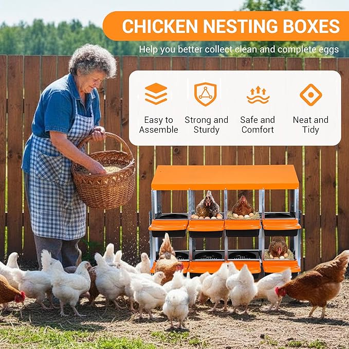 Chicken Nesting Box 8-Hole Roll Away Egg Laying Box with Lid & Stand, Galvanized Steel Rustproof Poultry Coop Box, Easy Clean, Wall Mountable No Bracket Needed for Hens, Orange