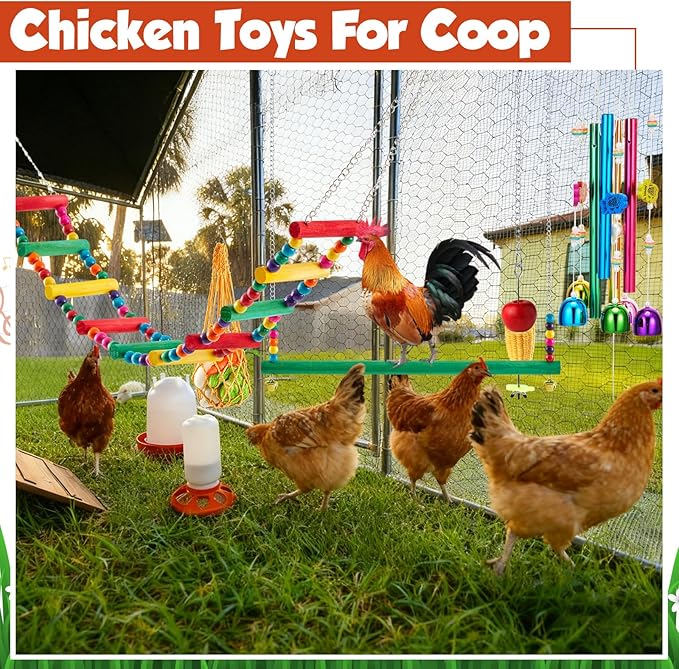 9 Pcs Chicken Toys for Coop, Wind Chime, Chicken Mirror Toys with Bells, Beak Grinding Stones Swing Vegetable Net Bag, Vegetable Fruits Hanging Fork for Hens Bird Parrot