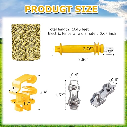 Electric Fence Wire Kit - 1640 Feet 500 Meters Electric Fence Polywire, 50 PCS T-Post Insulators, 4 PCS Robber Electric Fence Gate Handle Insulators, 20 PCS M4 Poly Rope Connectors
