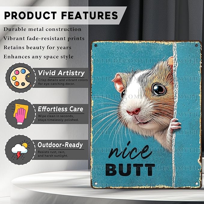 Vintage Guinea Pig Tin Sign Nice Butt Retro Wall Decor Decorations for Home Funny Pet Lovers Poster Indoor Store Cafe Toilet Bathroom Restroom Bar Pubs Man cave 12 * 16inch