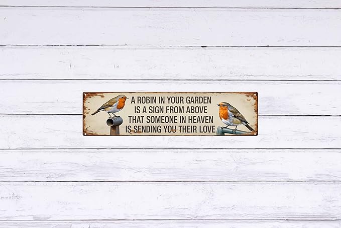 Robin in Garden Sign from Heaven Metal Sign 4x16in Memorial Plaque for Garden Wall Decor