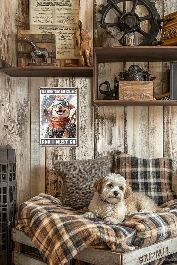 Funny Ski Decor Metal Sign Bulldog Skiing The Mountains Are Calling And I Must Go Skiing Metal Poster Home Kitchen Cafe Aluminium Sign Art Wall Decor 12x8 Inch