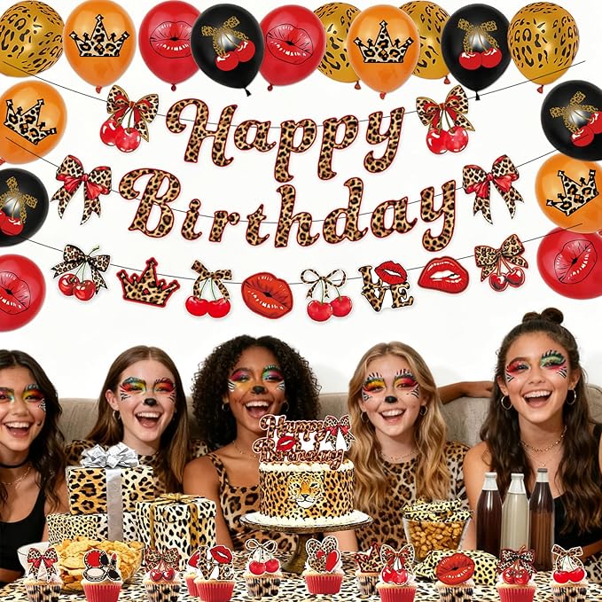 32pcs Cheetah Print Birthday Decorations with Cherry Leopard Bow Red Lips Happy Birthday Banner Balloons Cake Cupcake Topper for Safari Jungle Theme Party Decor Supplies