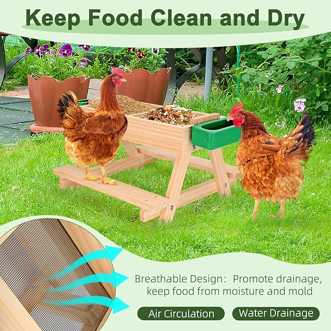 Chicken Picnic Table, Wooden Chicken Feeder No Waste Handmade Carbonized, Large DIY Picnic Table and 2 Water Feeder Kit, Mesh Bottom Keeps Food Fresh and Dry for Wild Birds, Ducks, Squirrels