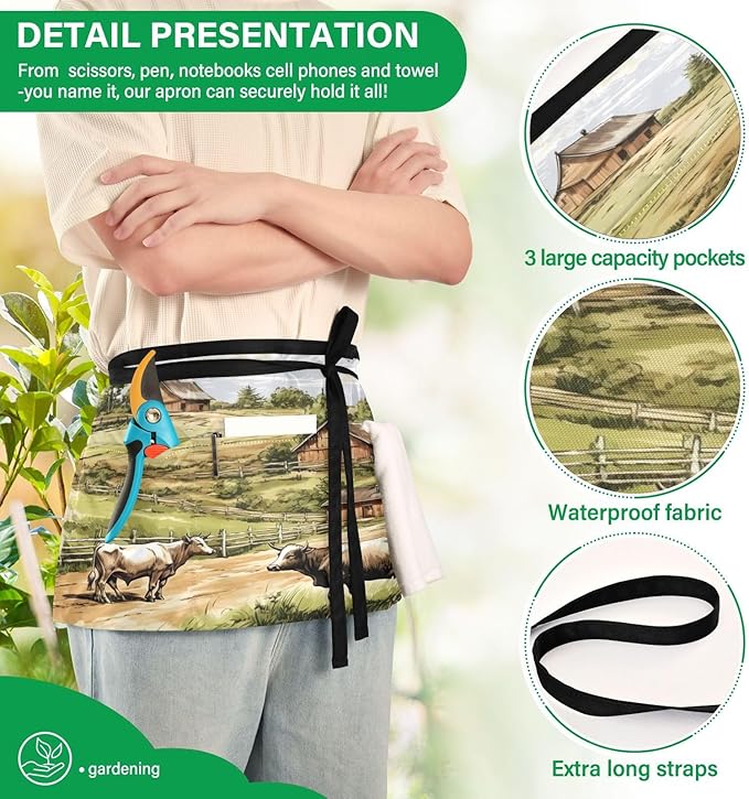 Server Apron with 3 Pockets, Farm Animals 12 Inch Waist Apron for Waiters Gardeners, Waterproof Half Apron Waitress Apron