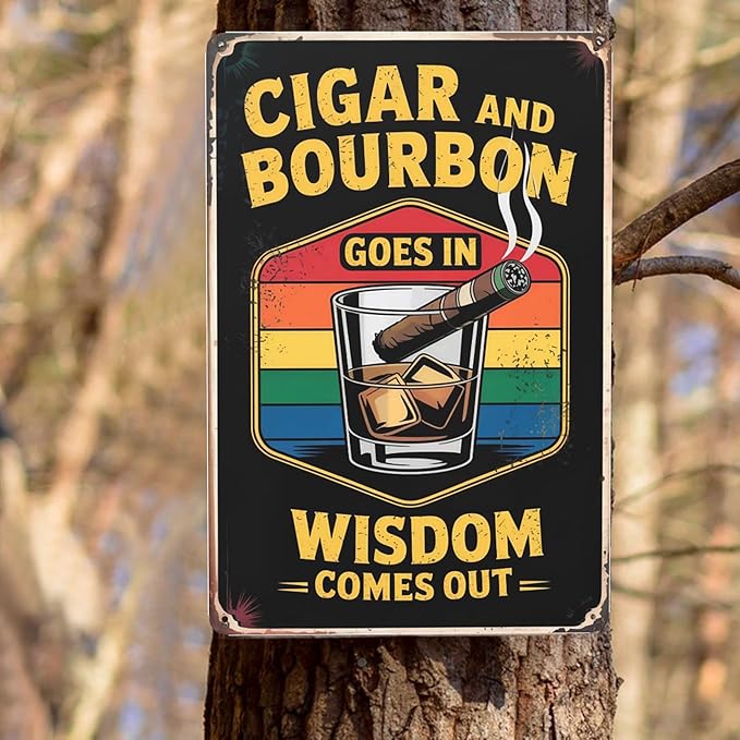 Novelty saying wall decor featuring Cigar And Whiskey Wisdom Comes Out Cigar Idea Metal Tin Sign Man Cave Bar Decor Perfect For Hanging In Lounge Office 8x12 inch metal sign for living room wall
