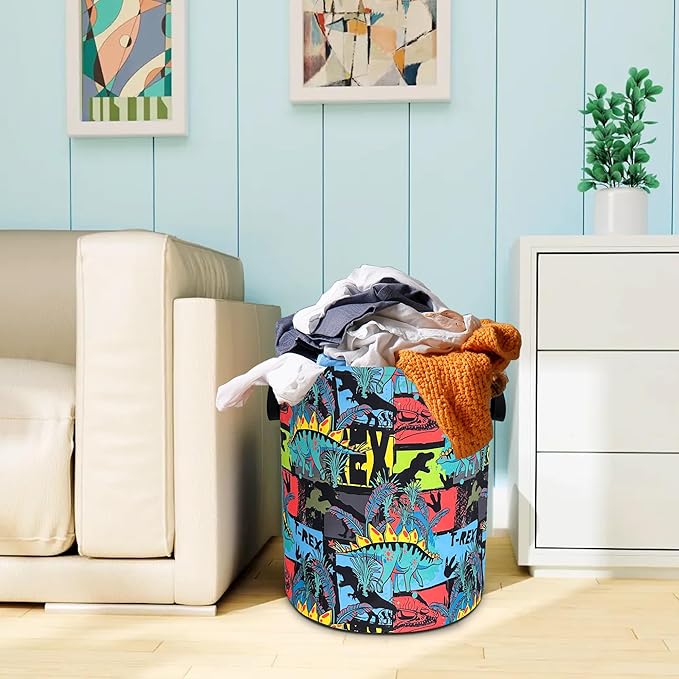 Dinosaur Cartoon Laundry Basket Oxford Cloth Funny Laundry Hamper With Handle Foldable Portable Clothes Storage Basket 18.9 X 16.5 In Storage Bag For Laundry Room/Bathroom/Bedroom/Dormitories