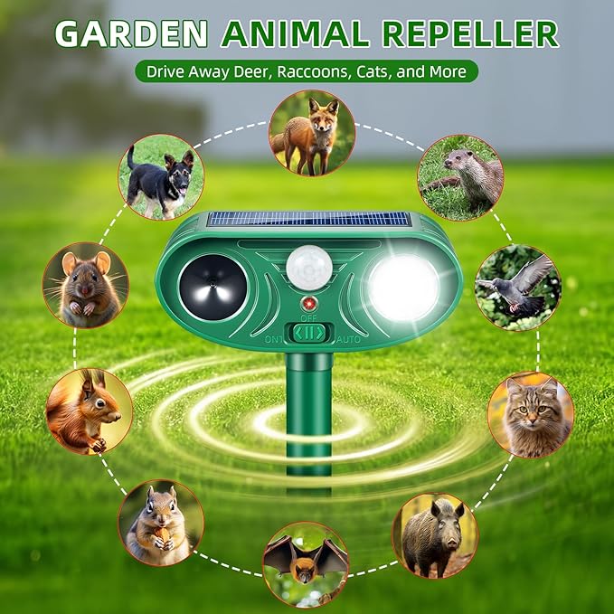 2026 Sonic Fortress Pro Deer Repellent Devices, Racoon Repellent Outdoor Squirrel Fortress Pro IP65 Animal Repeller Cat Deterrent with Motion Sensor&Flash Light to Scare Dog Out of Garden Yard(4Pack)