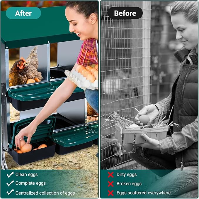 10 Hole Chicken Nesting Box, Galvanized Steel Roll Away Nest Boxes with Lid Cover and Legs, Nesting Box for Chickens Laying Egg, Green