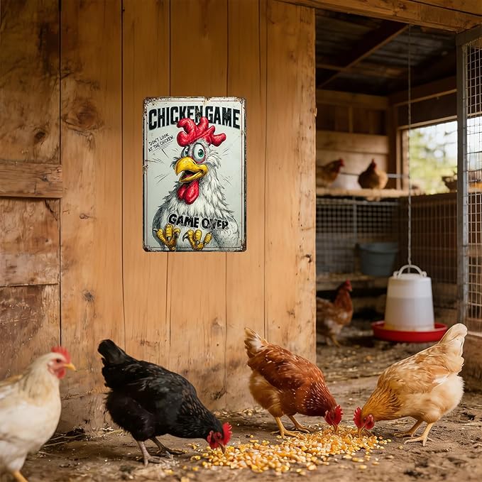Funny Chicken Game Tin Sign Plaque Metal Poster Home Kitchen Garden Restaurant Farm Wall Decor 12x8 Inch