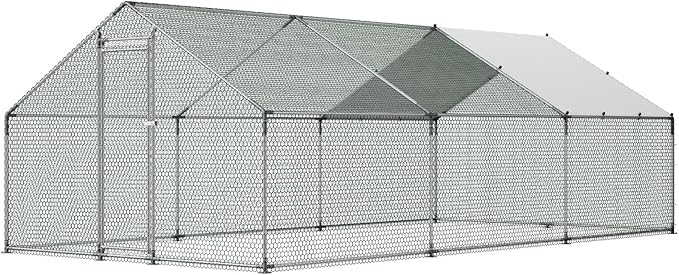 VEVOR Large Metal Chicken Coop, 19.7x9.8x6.5ft Walk-in Chicken Runs for Yard with Cover, Spire Roof Hen House with Security Lock for Outdoor and Backyard, Farm, Duck Rabbit Cage Poultry Pen