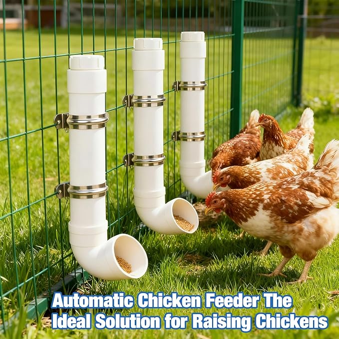 HOMAR 3PC Automatic Chicken Feeder - No Waste, 6lb Large Capacity Heavy Duty Rat Proof PVC Pipe Hanging Gravity Feeder for Chicken Coop Poultry Long Feeding