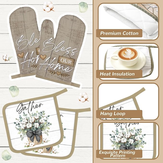 10 Pcs Flower Basket Farmhouse Kitchen Decor Set Dish Towels Kitchen Rugs Oven Mitts and Pot Holders Set for Cooking Baking Grilling Women Mom Daughter Gift(Spring Color)