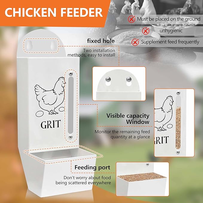 2Pack Chicken Grit and Oyster Shell Feeder, Poultry Feeder with Visual Window, No-Mess Weatherproof, Metal Hanging Gravity Chicken Feeder, Chicken Coop Accessories (Combo-Black/White)
