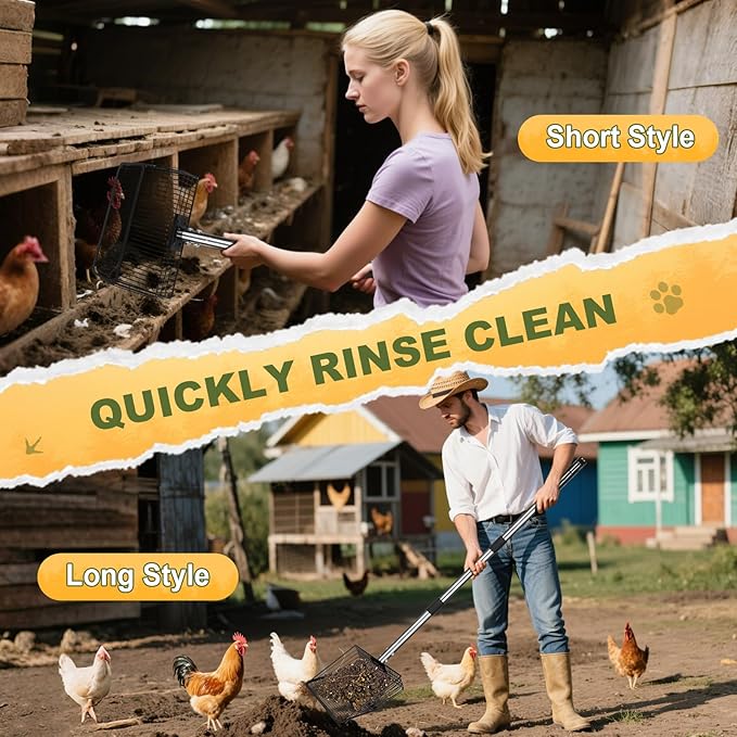Chicken Poop Scooper - Stainless Steel Sifter Shovel 10 Inch Wide, 4-in-1 Detachable Tool 63 Inch Adjustable Metal Non-Slip Ergonomic Handle Heavy Duty Clog-Free Mesh Coop Scoop Cleaning Supplies
